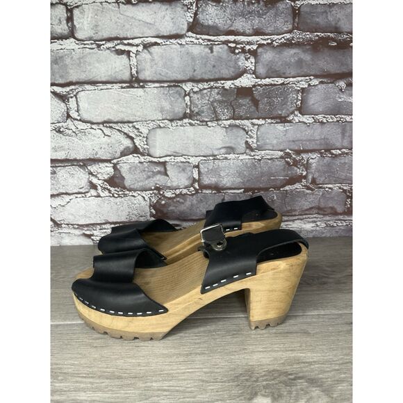 Swedish Hasbeens Black Leather Wooden Heel Peep Toe Ankle Strap Sandals Women 38 - Picture 1 of 16